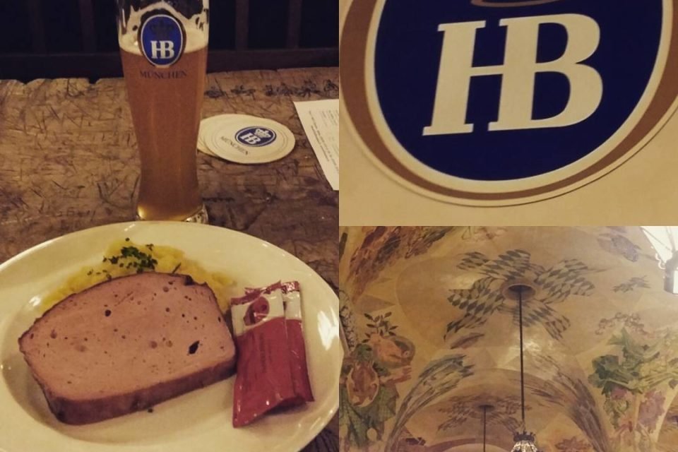 Mosaico com fotos de uma cervejaria alemã e comida alemã, Leberkäs, kartoffelsalat e Weissbier