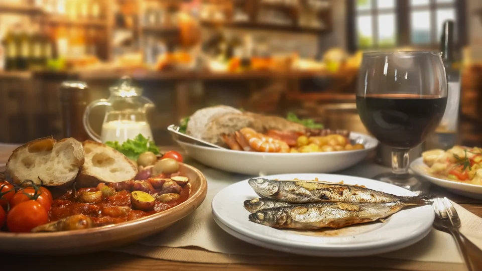 Mesa com pratos tradicionais portugueses, incluindo sardinhas assadas, pão, camarões e vinho tinto, representando a gastronomia destacada no guia de restaurantes por localidade.